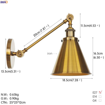 DecorBites™ Gold Long Arm LED Wall Light Bedroom Stair Loft Industrial Vintage Wall Lamp