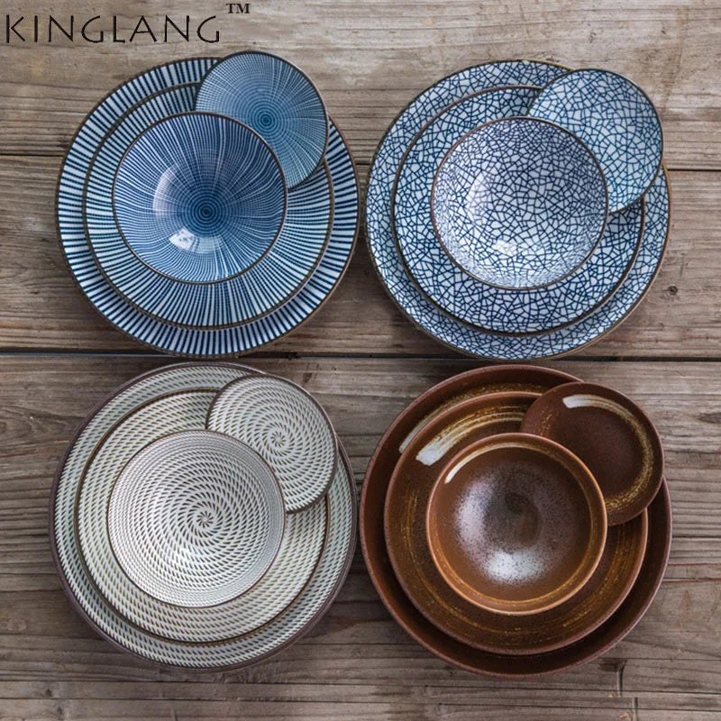 DecorBites™ Japanese Style Ceramic Dinner Set - Blue Tableware Set with Bowl and Plate