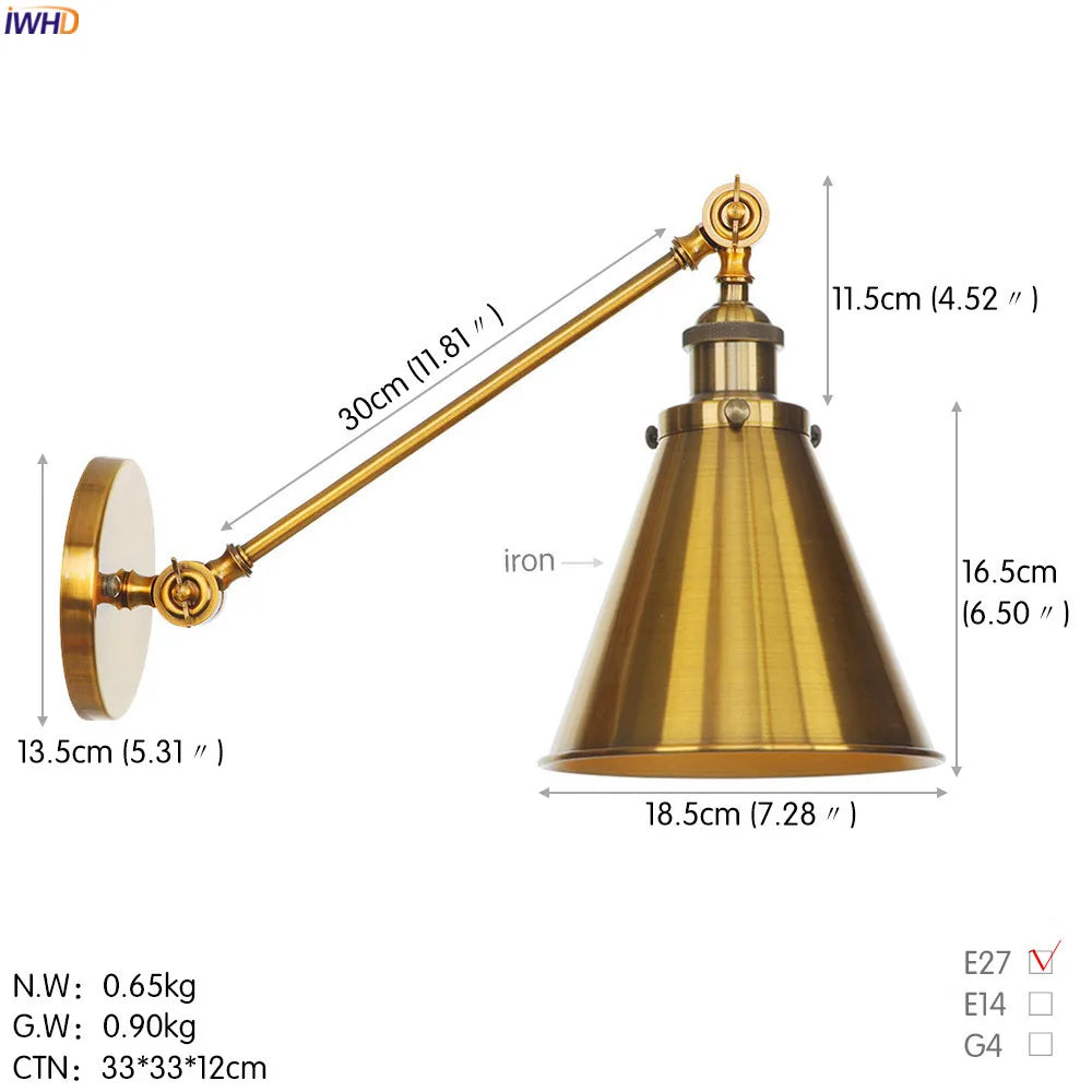 DecorBites™ Gold Long Arm LED Wall Light Bedroom Stair Loft Industrial Vintage Wall Lamp