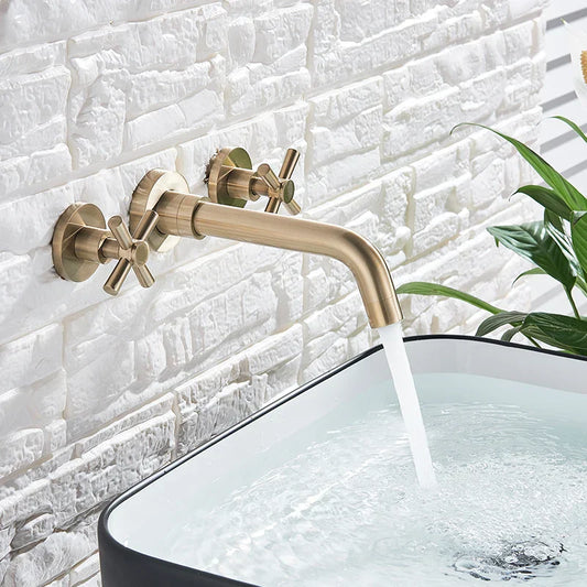 DecorBites™ Golden Dual Handle Wall Mounted Basin Faucet