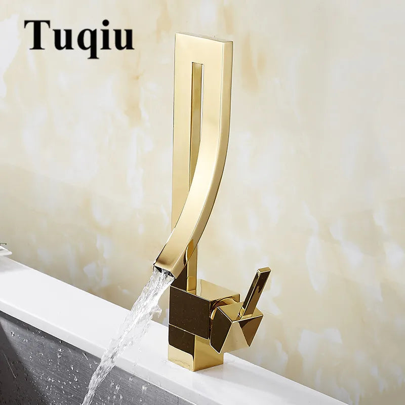 DecorBites™ Gold Brass Square Basin Faucet Single Handle Deck Mounted Bathroom Sink Mixer