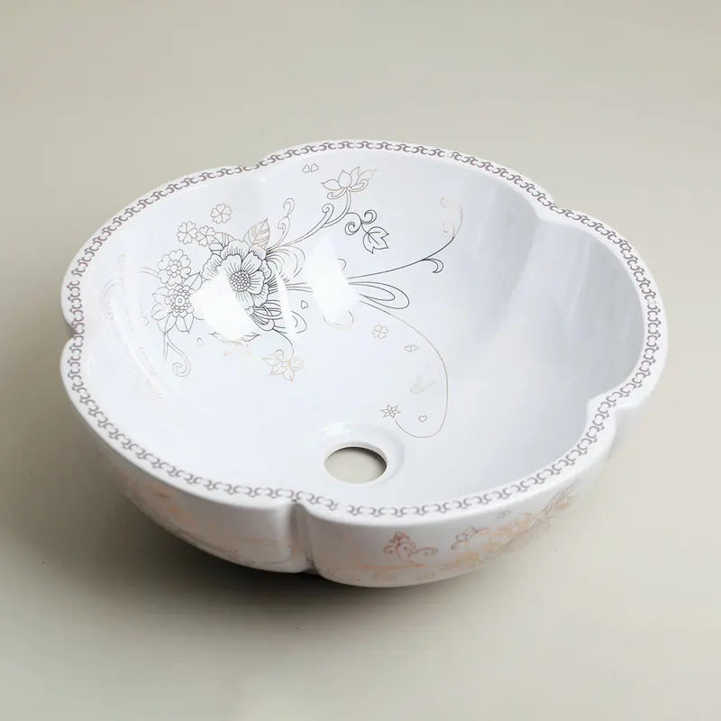 DecorBites™ Hand Painted Ceramic Vessel Sink Set with Golden Teapot Spout Faucet