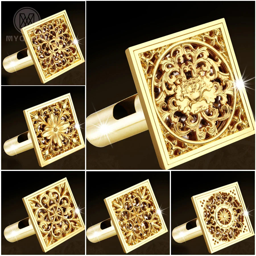 Gold Square Shower Drain Stainless Steel Gravity Flush