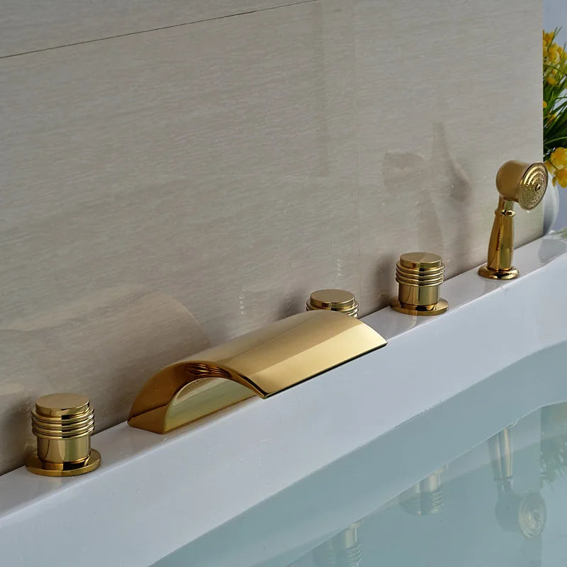 DecorBites™ Golden Brass Bathtub Faucet with Handheld Shower - Deck Mounted