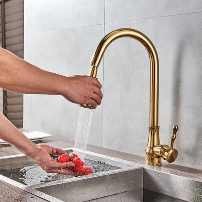 DecorBites™ Gold Brass Kitchen Faucet Rotatable Mixer Tap Single Handle Hot&Cold Water