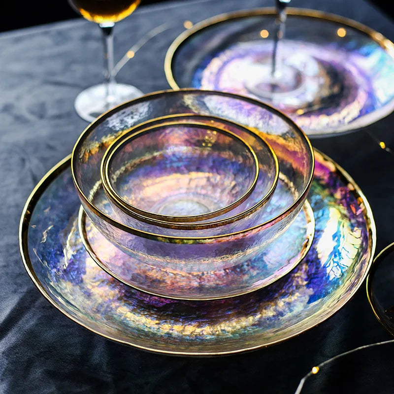 DecorBites™ Hammer Grain Gold Glass Salad Bowl - Round Ceramic Fruit Bowl