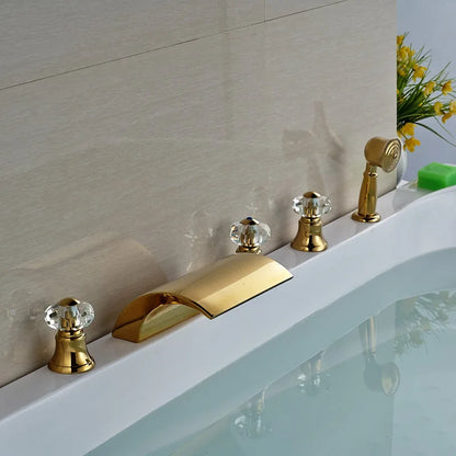 DecorBites™ Golden Brass Bathtub Faucet with Handheld Shower - Deck Mounted