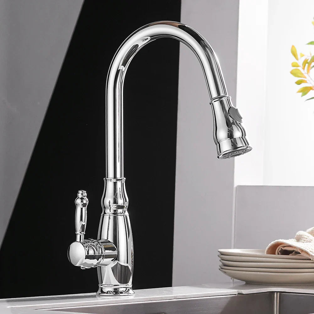 DecorBites™ Gold Kitchen Sink Mixer Faucet with Pull Out Spray Head Rotation - WF-4118