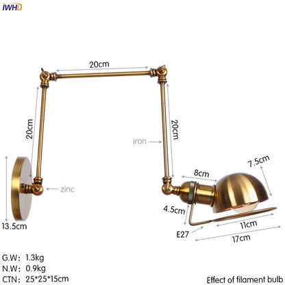 DecorBites™ Golden Loft Swing Arm LED Wall Sconce Retro Style Lamp - Adjustable Long Arm Light Fixtures