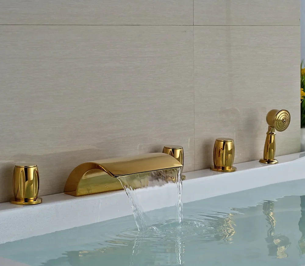 DecorBites™ Golden Widespread Brass Bathtub Faucet with Handheld Shower