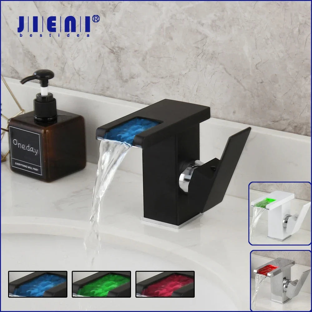 DecorBites™ LED Waterfall Basin Faucet White & Black Mixer Tap Deck Mount Solid Brass