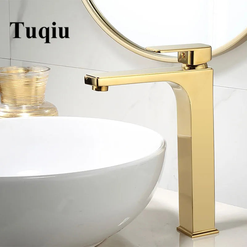 Gold Brass Basin Faucet Tall With Overflow