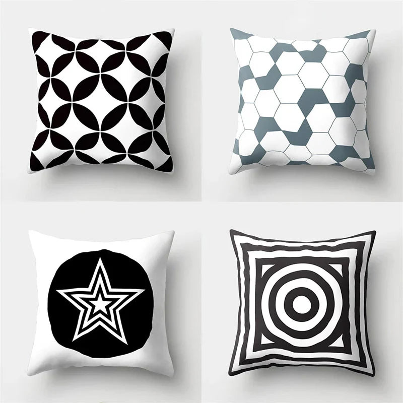 DecorBites™ Geometric Star Print Pillow Cover for Home Decor - Black & White Square Texture