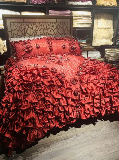 DecorBites™ Jacquard Rose Lace Bedding Set, Luxurious European Style, Red & Champagne