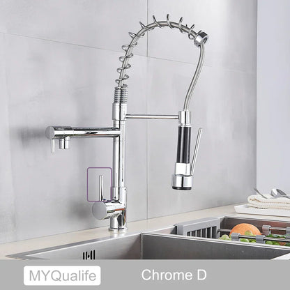 DecorBites™ Dual Spout Kitchen Sink Faucet - Matte Black Finish, Deck Mount Spring Mixer