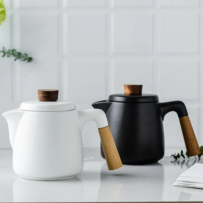 DecorBites™ Japanese Style Ceramic Tea Pot Set with Wooden Handle | Heat-Resistant Borosilicate Glass