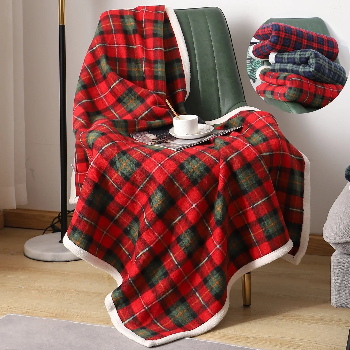 DecorBites™ Cozy Coral Fleece Plaid Blanket - Soft & Warm Flannel Bedspread