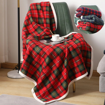 DecorBites™ Cozy Coral Fleece Plaid Blanket - Soft & Warm Flannel Bedspread