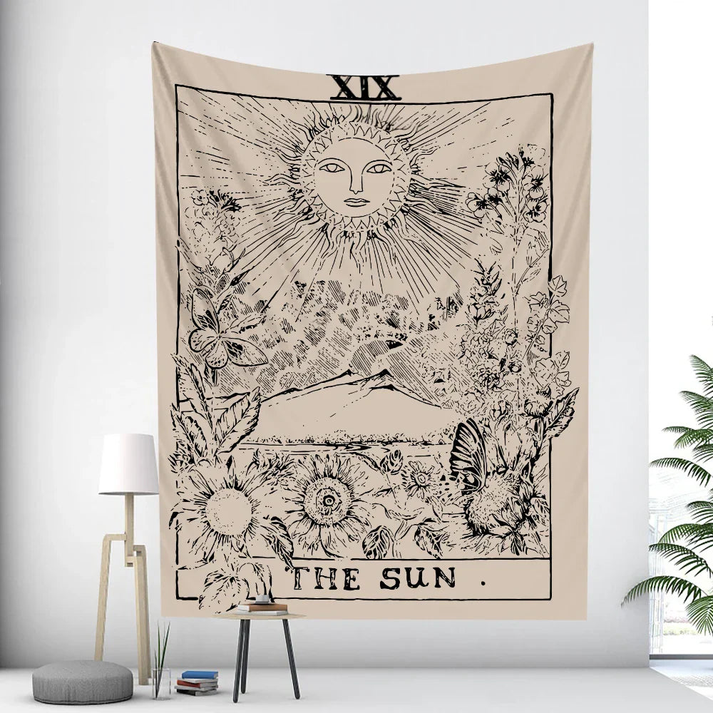 DecorBites™ Black & White Tarot Witchcraft Tapestry | Bohemian Hippie Mandala Wall Decor