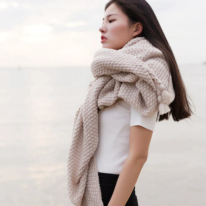 DecorBites™ Knitted Woolen Ball Blanket - Super Warm Cozy Sofa Throw Blanket