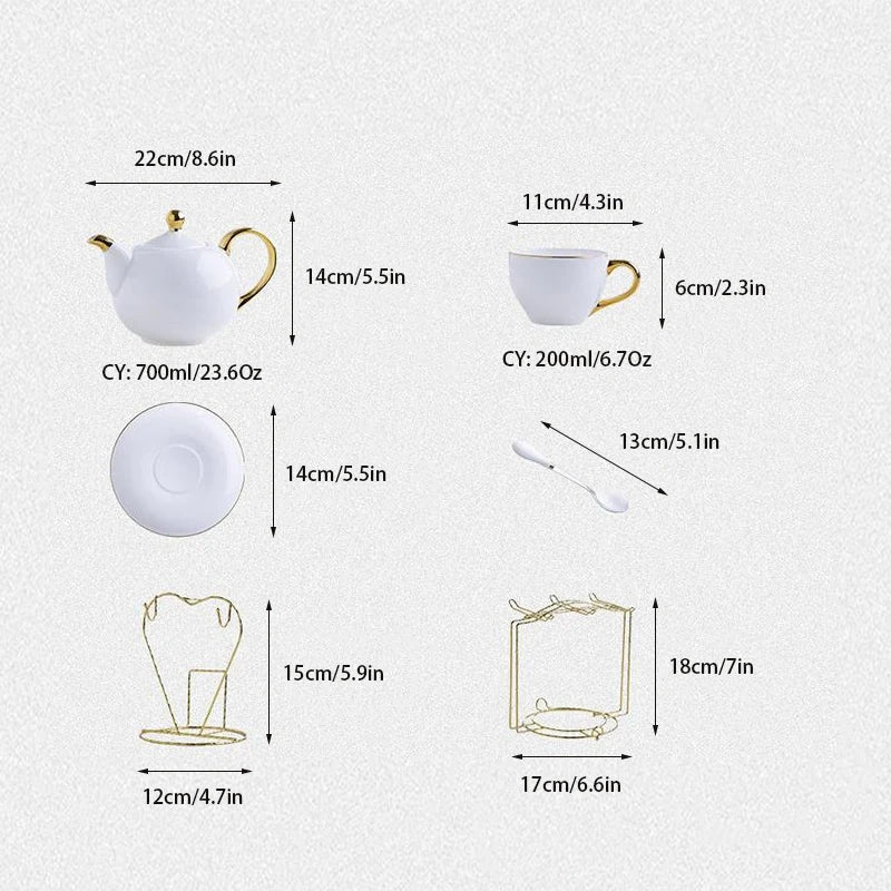 DecorBites™ Elegant Bone China Tea Set | Porcelain Teacup & Teapot Set White Gold