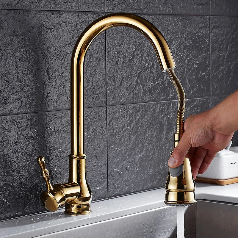 Gold Swivel Kitchen Faucet With Brass Construction
