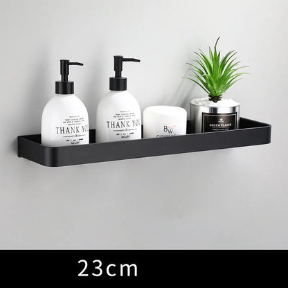 DecorBites™ Black Aluminum Bathroom Shower Shelf with Hook Bar and Shampoo Holder