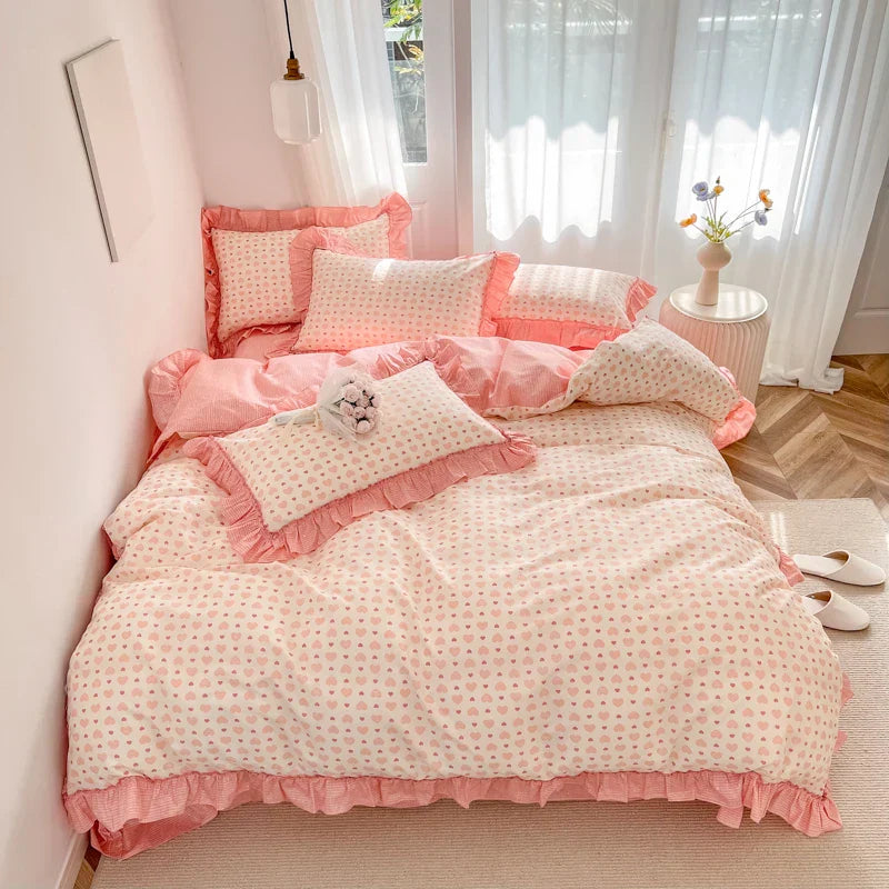 DecorBites™ Gardenia Print Princess Bedding Set with Ruffles and Pillowcases