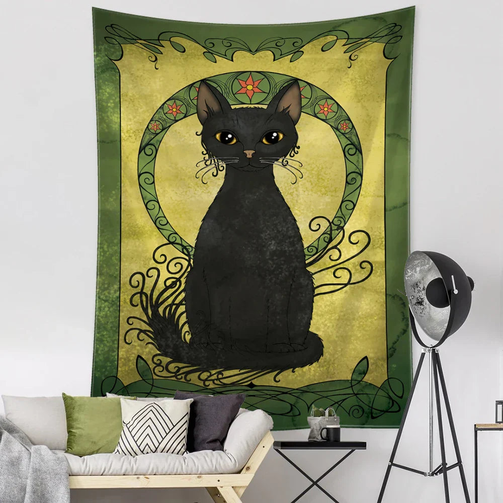 DecorBites™ Black Cat Tarot Tapestry: Psychedelic Hippie Wall Hanging Room Decor