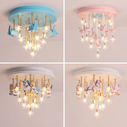 DecorBites™ Kids Resin Horse Paper Crane Ceiling Light - Blue Pink LED Bedroom Lamp