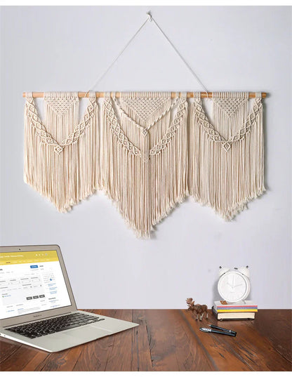 DecorBites™ Large Hand-Woven Macrame Wall Hanging Tapestry with Wooden Stick & Tassels