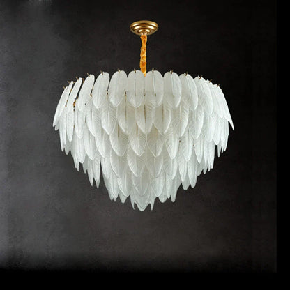 DecorBites™ Art Deco White Glass Feather Chandelier with LED Lighting for Foyer & Bedroom