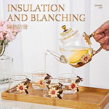 DecorBites™ Daisy Enamel Crystal Glass Teapot Set for Hot and Cold Drinks