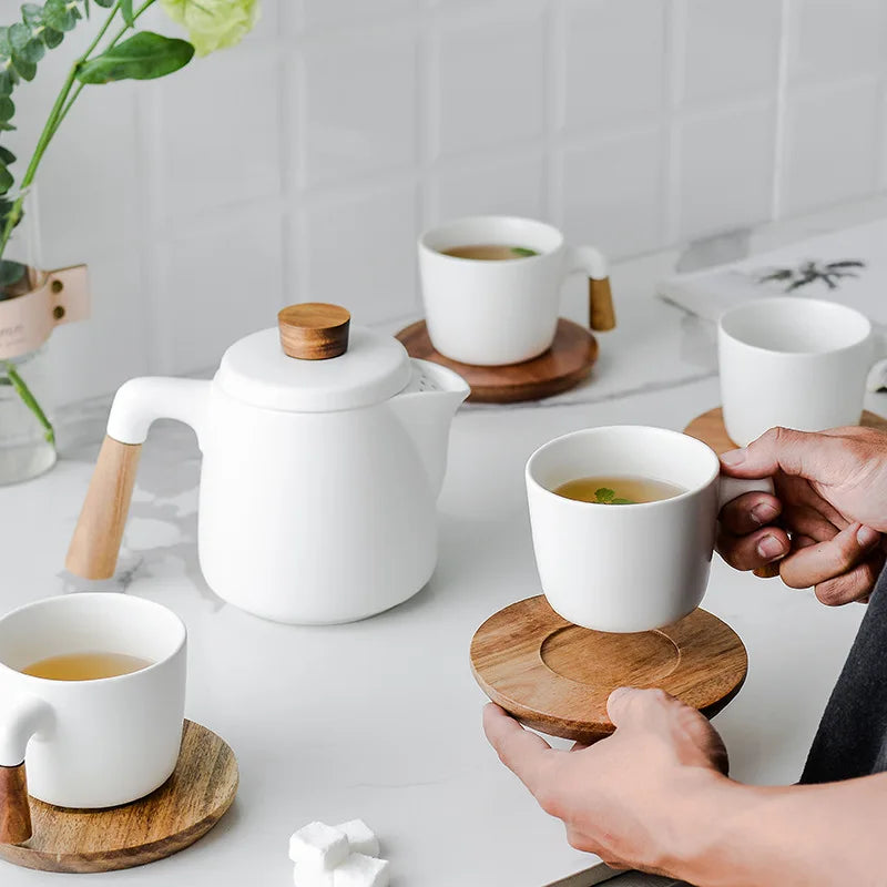 DecorBites™ Japanese Style Ceramic Tea Pot Set with Wooden Handle | Heat-Resistant Borosilicate Glass