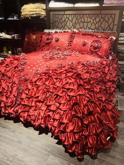DecorBites™ Jacquard Rose Lace Bedding Set, Luxurious European Style, Red & Champagne
