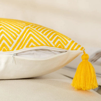 DecorBites™ Geometric Embroidery Canvas Cotton Cushion Cover for Sofa Bed in Yellow
