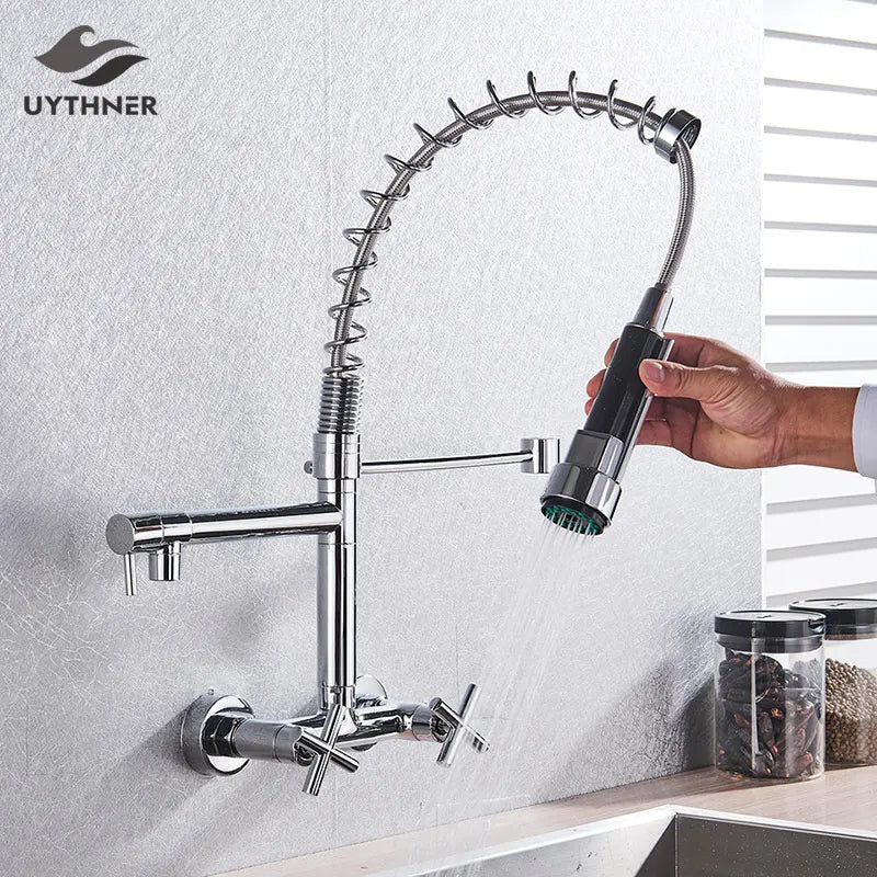 DecorBites™ Gold Black Kitchen Faucet Wall Mount Pull Down Tap Dual Swivel Spouts