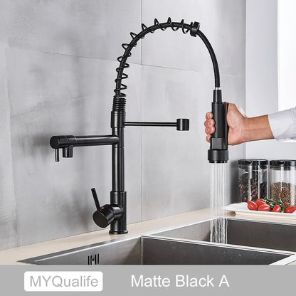 DecorBites™ Black Brass Kitchen Faucet with Dual Spout, 360 Rotation, Deck Mounted