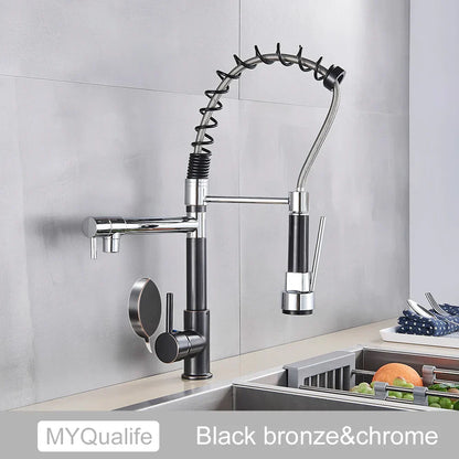 DecorBites™ Black Brass Kitchen Faucet with Dual Spout, 360 Rotation, Deck Mounted