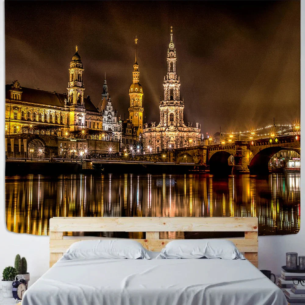 DecorBites™ City Night Scene Tapestry with European London Style Wall Hanging