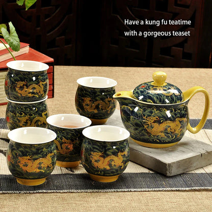 DecorBites™ Dragon Teapot Tea Set, Porcelain Kung Fu Teaware for Puer Oolong Ceremony