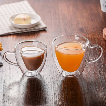 DecorBites™ Heart-Shaped Double Glass Mug | Romantic Couple Cups for Tea, Coffee