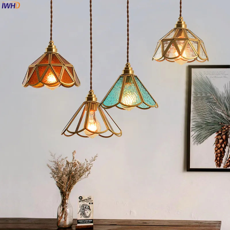 DecorBites™ Japanese Vintage Glass Copper LED Pendant Lamp for Bedroom, Bar, Cafe