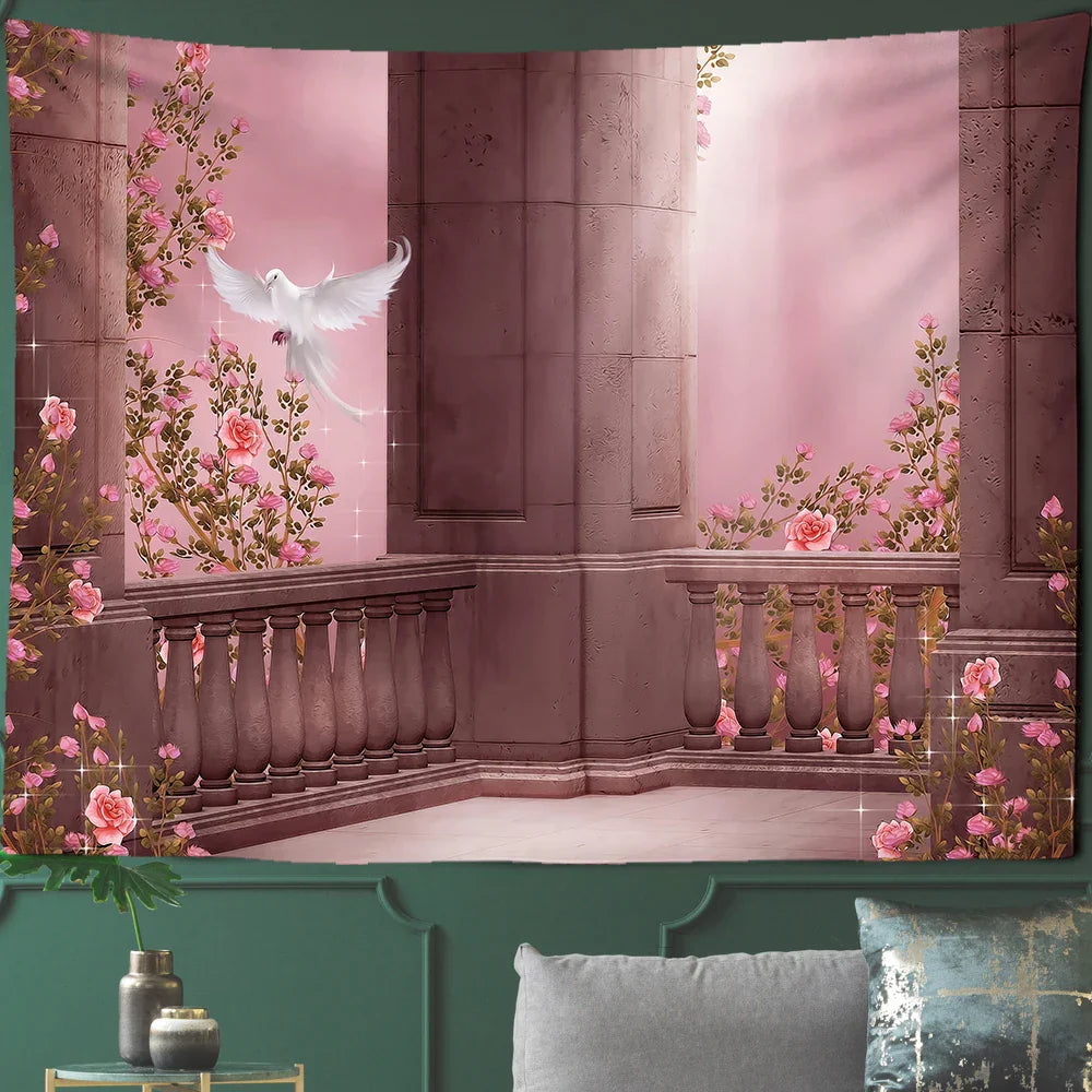 DecorBites™ Court Woman Gothic Architecture Tapestry Wall Art with Rose Scenery & Pigeons