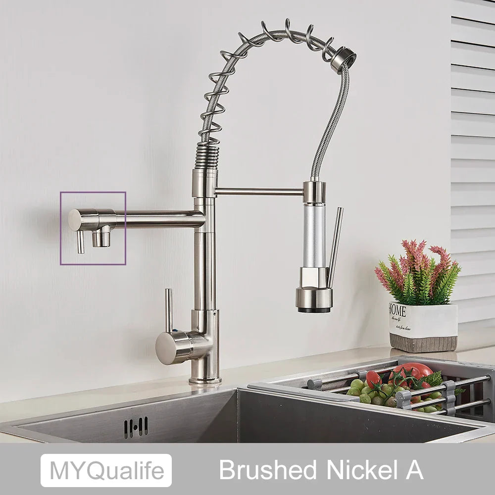 DecorBites™ Dual Spout Kitchen Sink Faucet - Matte Black Finish, Deck Mount Spring Mixer