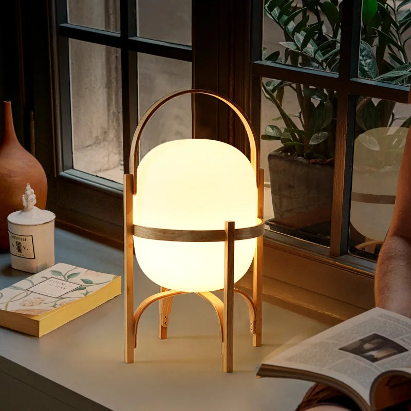 DecorBites™ Japanese Style Glass Table Lamp with Wood/Metal Frame