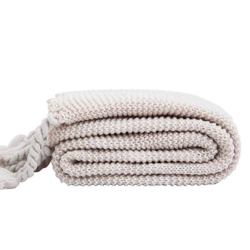 DecorBites™ Knit Throw Blanket Ivory Pink Solid Soft Plaid Tassels 50"x62"