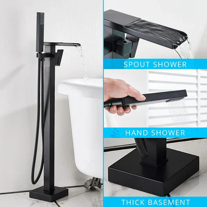 DecorBites™ Gold Bathtub Faucet Set Hot Cold Water Shower Mixer Tap Waterfall Floor Stand