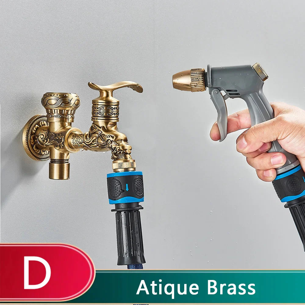 DecorBites™ Dragon Carved Antique Brass Wall Mounted Faucet for Bathroom and Outdoor Use