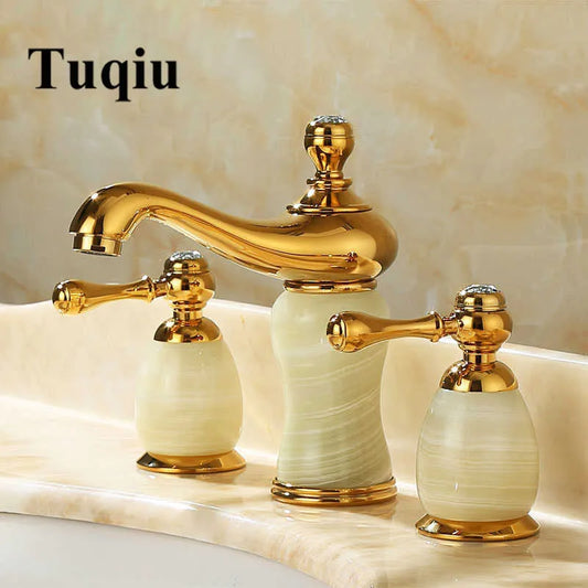 DecorBites™ Gold Brass Jade 3 Hole Widespread Basin Faucet with Double Handle